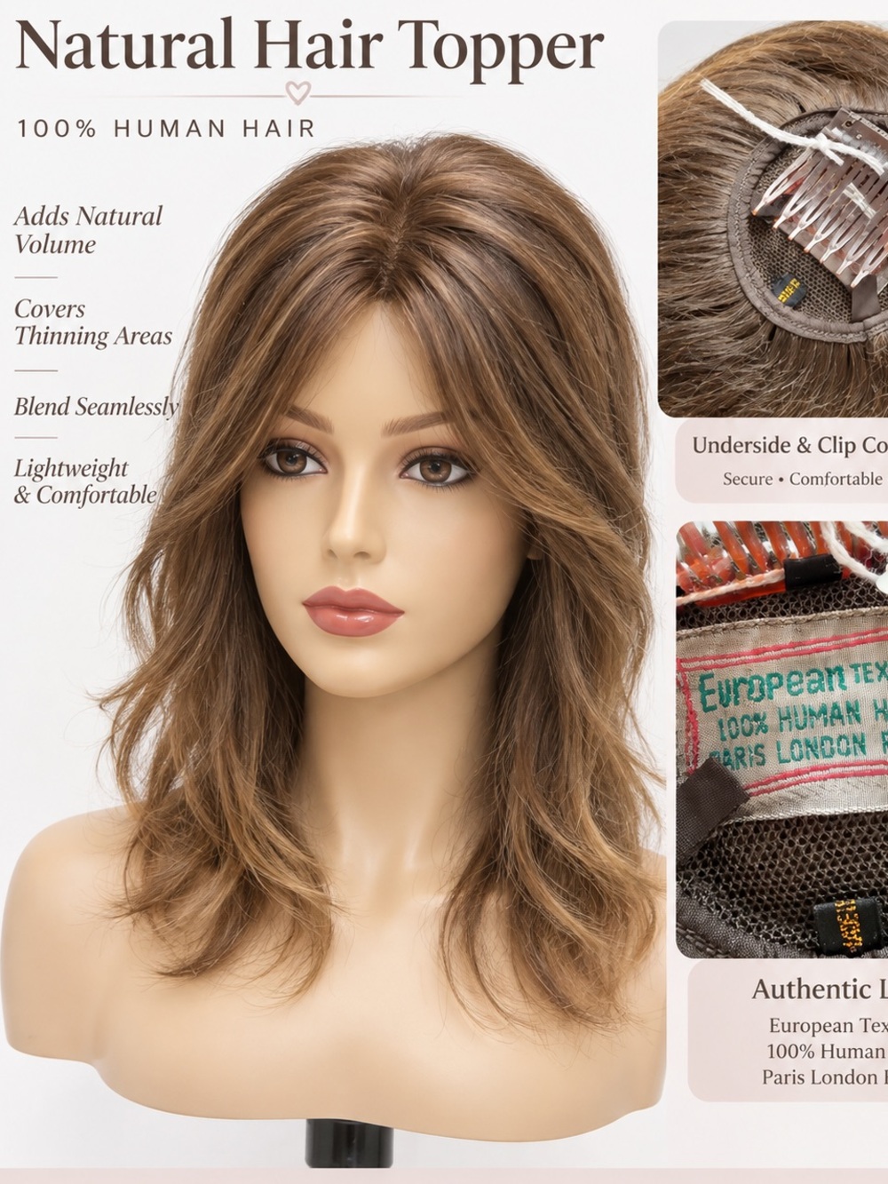 European Texture Human Hair Topper in Brown Blend